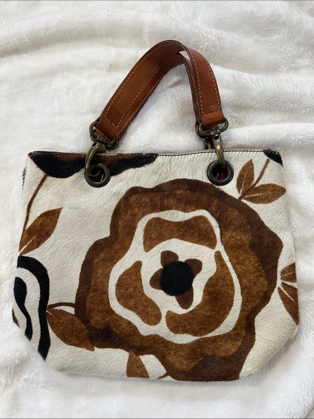MAURIZIO TAIUTI Italian Calf-Hair Leather Floral Tote 9”x11”x3” Authentic Luxury